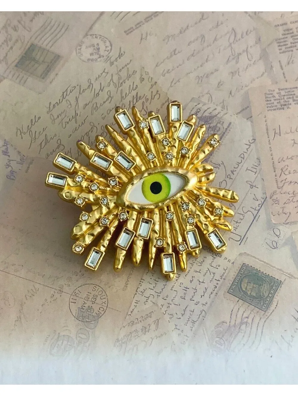 Vintage Style Surrealist Sunburst Green Evil Eye Rhinestone Statement Brooch